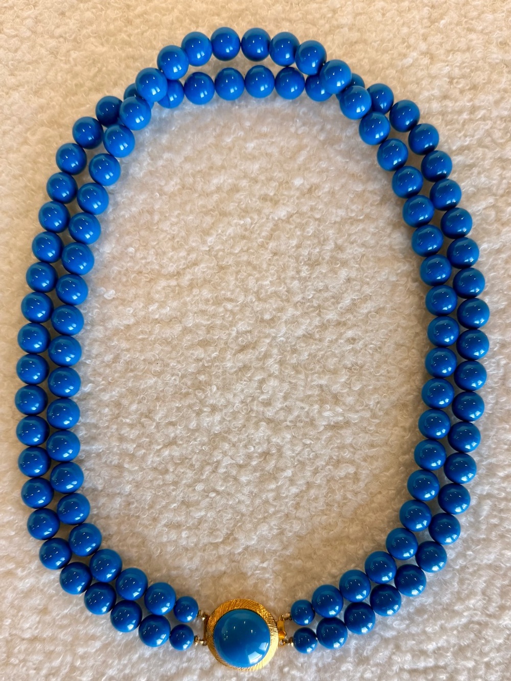 Richeieu Vintage Blue Beaded Double-Strand Necklace Gold Clasp, Preppy Retro Mod